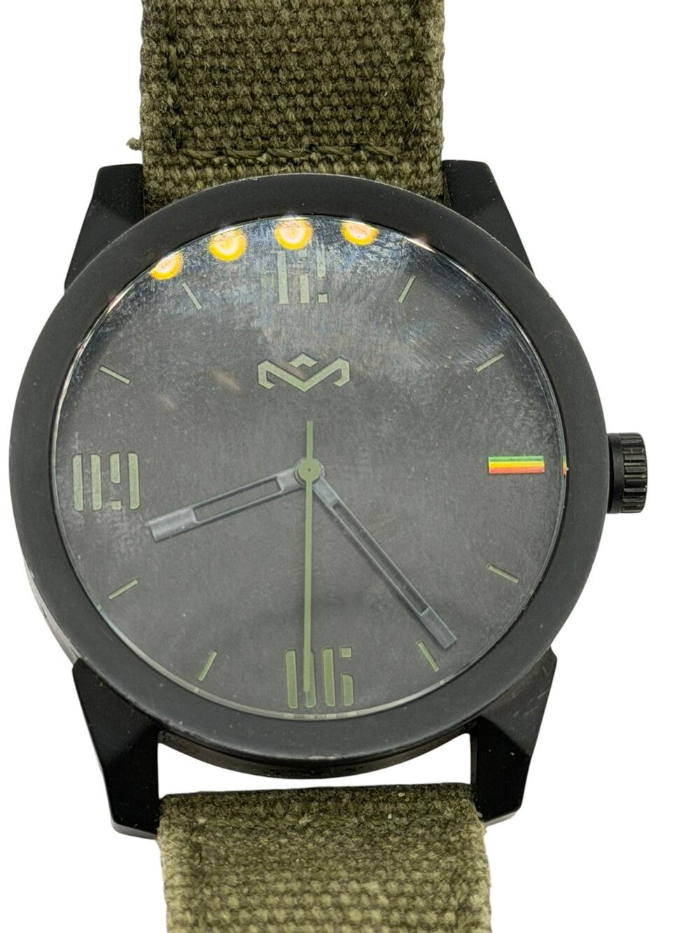 Marley "Satisfy Your Soul" Black Stainless Steel Watch Olive Green Canvas Band